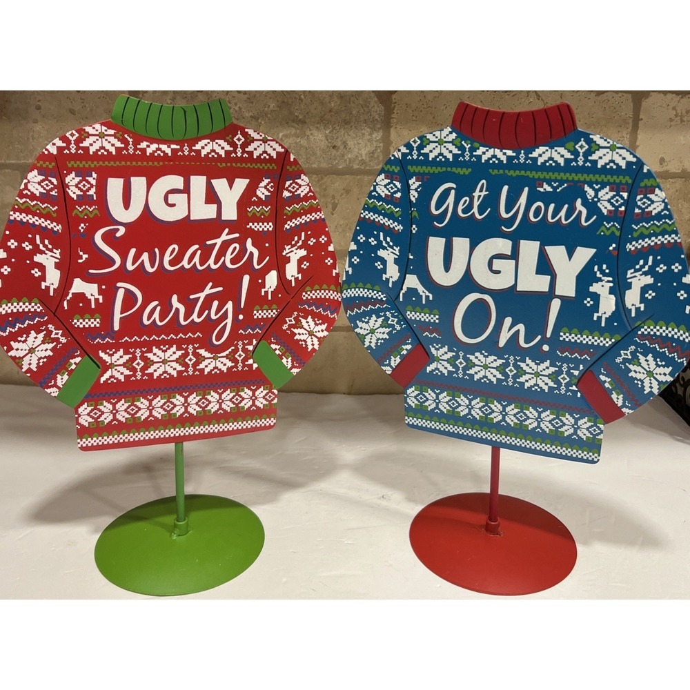 "Get Your Ugly On & Ugly Sweater Party" Christmas Signs Metal Table Toppers 12"